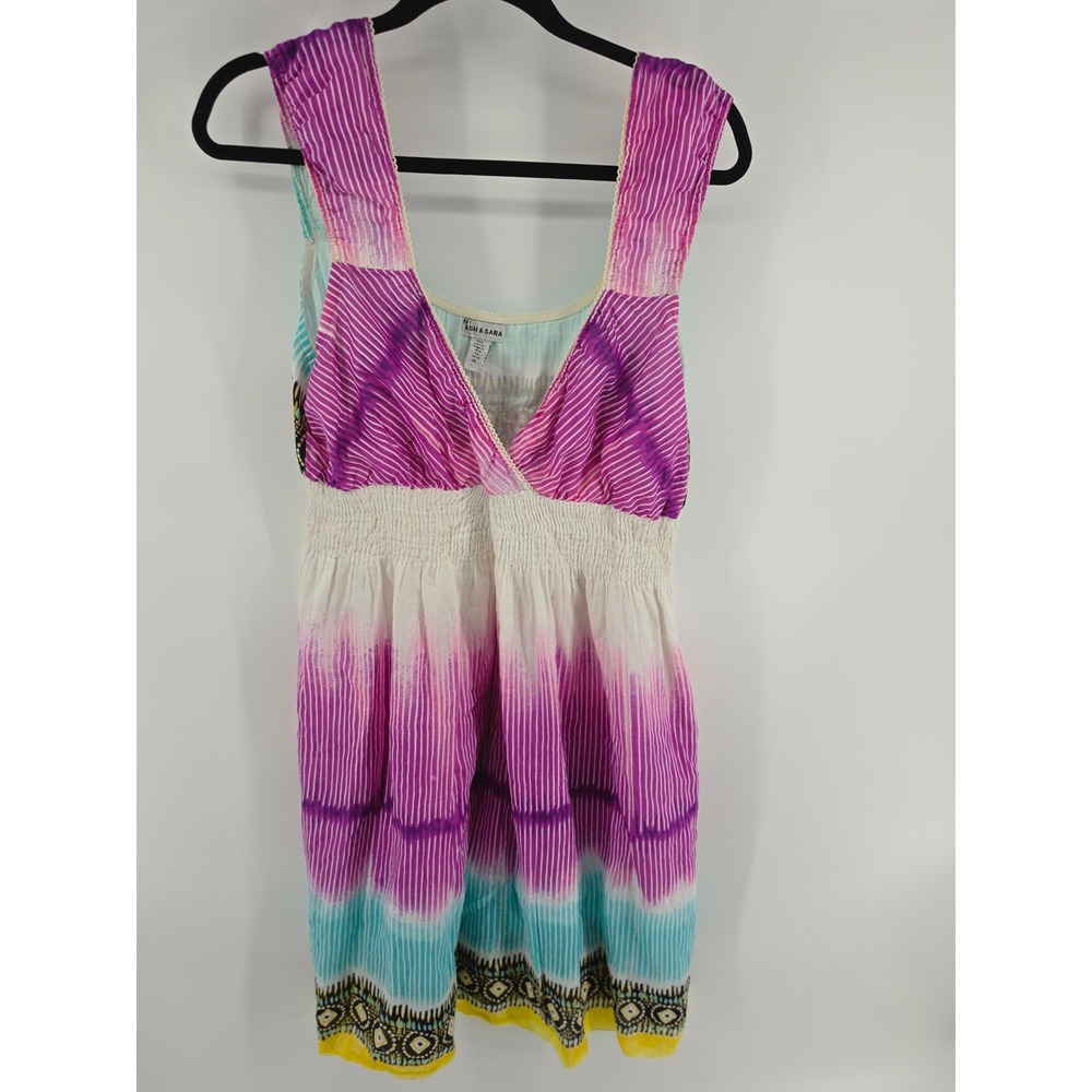 Ash & Sara Purple Turquoise Tie Dye Cotton Smocked Waist Sun Dress XL Boho